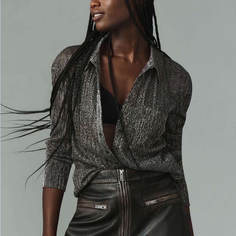Anthropologie Pilcro Metallic Silver Button Down Shirt